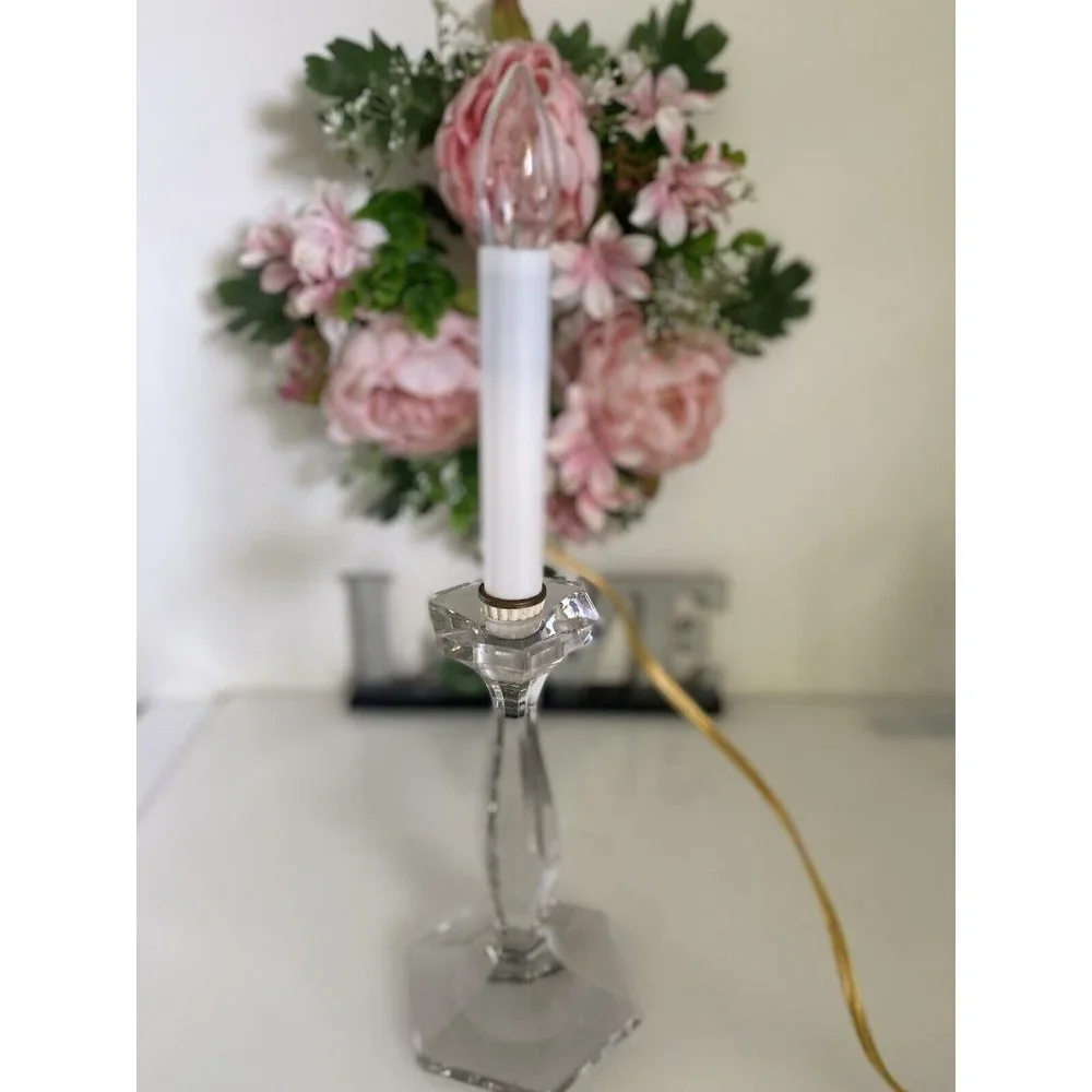Vintage Clear Cut‎ Glass Crystal Candlestick Lamp 14” Table Lamp Working Light